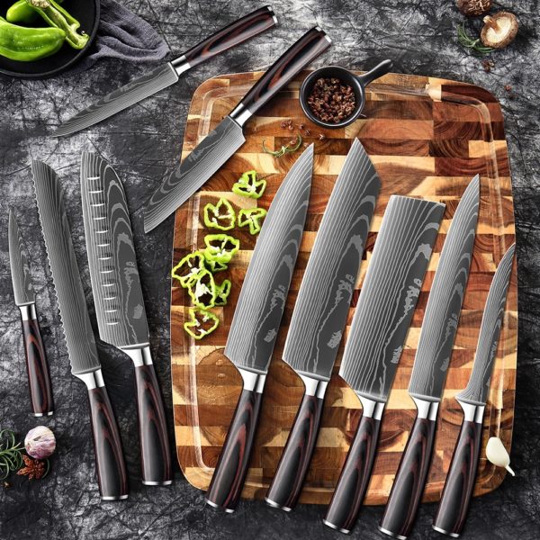 1-10 PCS Sharp Chef Knife Set Laser Damascus Pattern Kitchen Knife